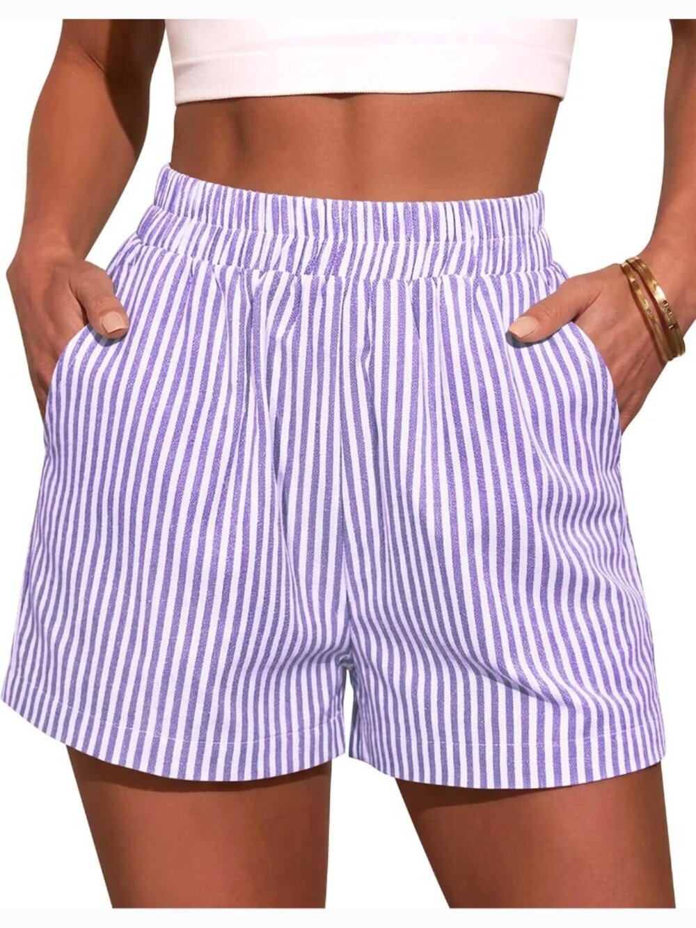 Striped Gingham Boxer Shorts with Elastic Waist and Pockets
